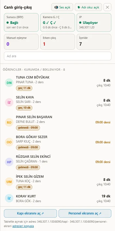 Rehsis canlı giriş-çıkış paneli: BKDS sunucusu ve kameraların durumu, içerideki öğrenciler, geç kalan ve gelmeyenler