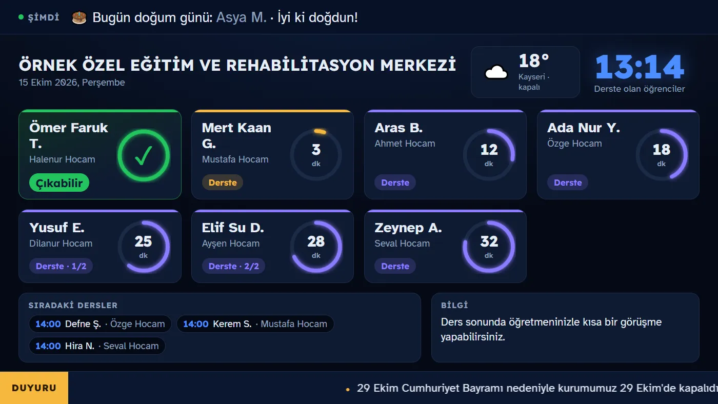 Veli bekleme ekranı: derste olan öğrenciler ve kalan dakikaları, ders bitince yeşil 'Çıkabilir', sıradaki dersler, doğum günü ve duyurular